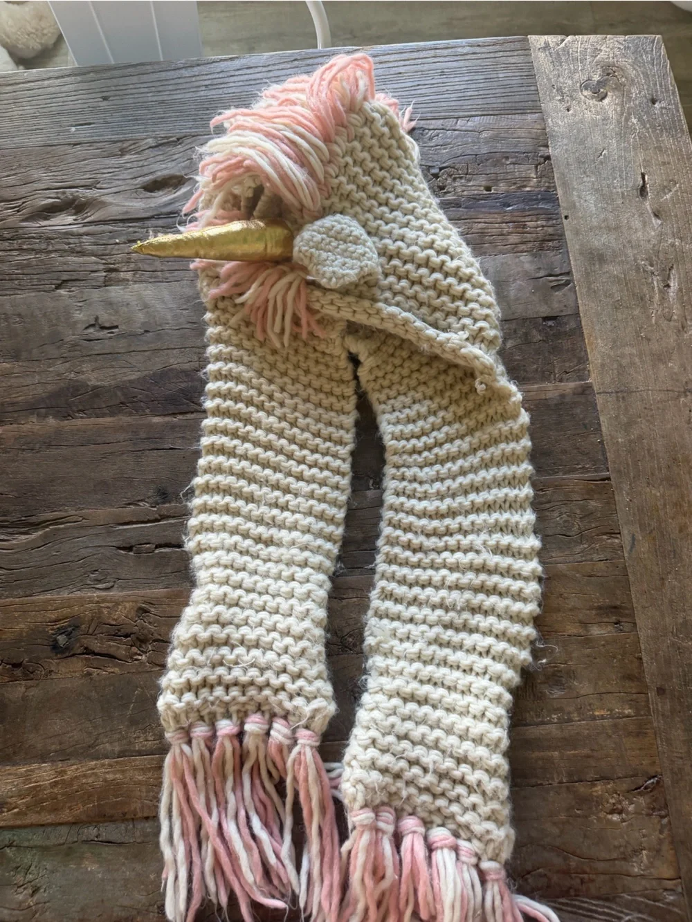 Handmade Cream Unicorn Hooded Scarf with Pink Mane